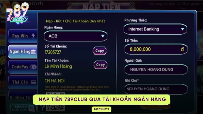nạp tiền qua tài khoản ngân hàng